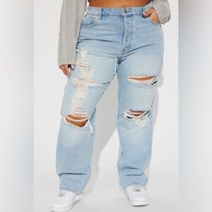 Size 22/3X Fashion Nova Distressed Straight Leg Light Wash Stretchy Jeans